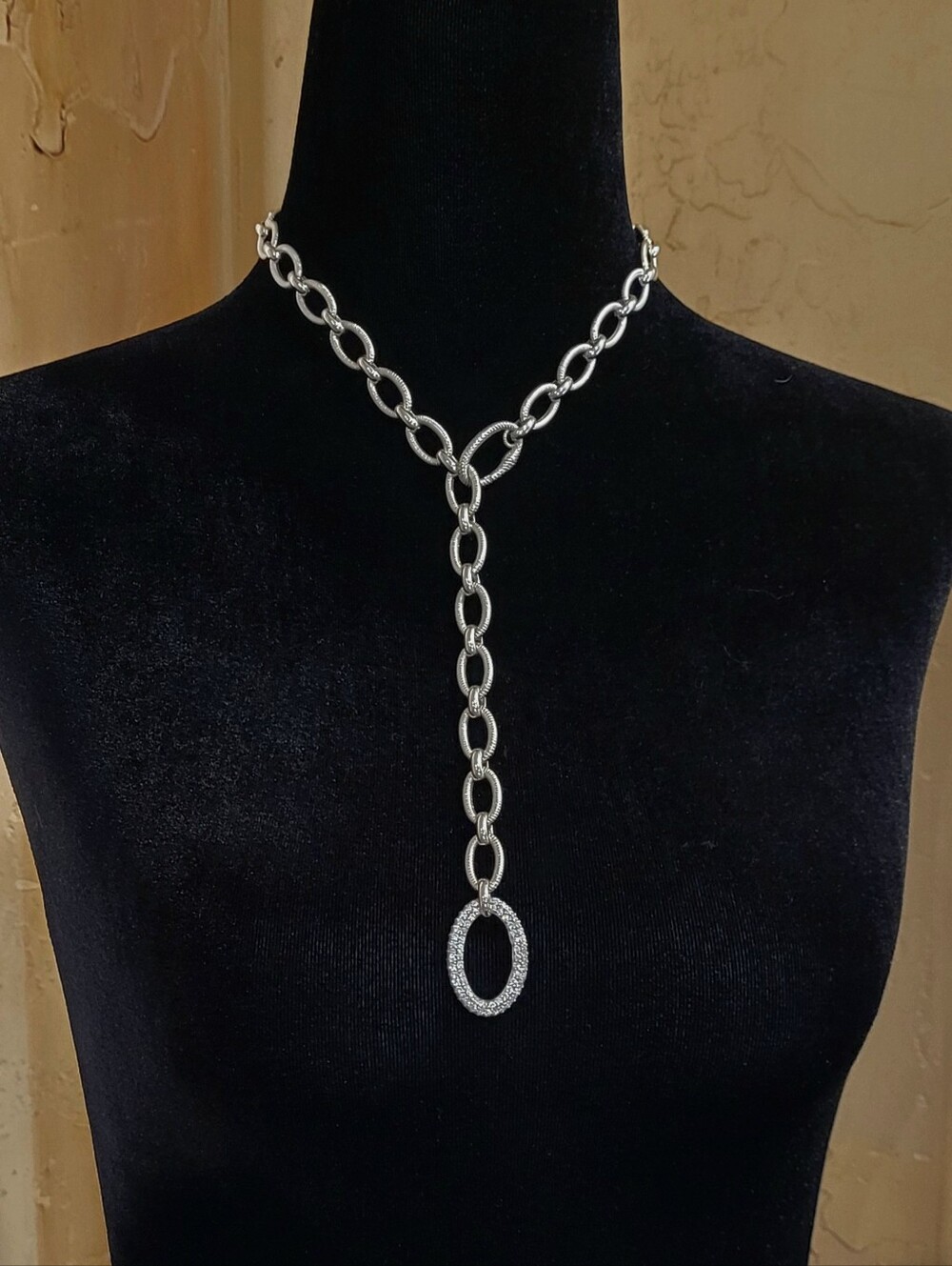 Judith Ripka Silver Pavé Oval Drop Lariat Necklace